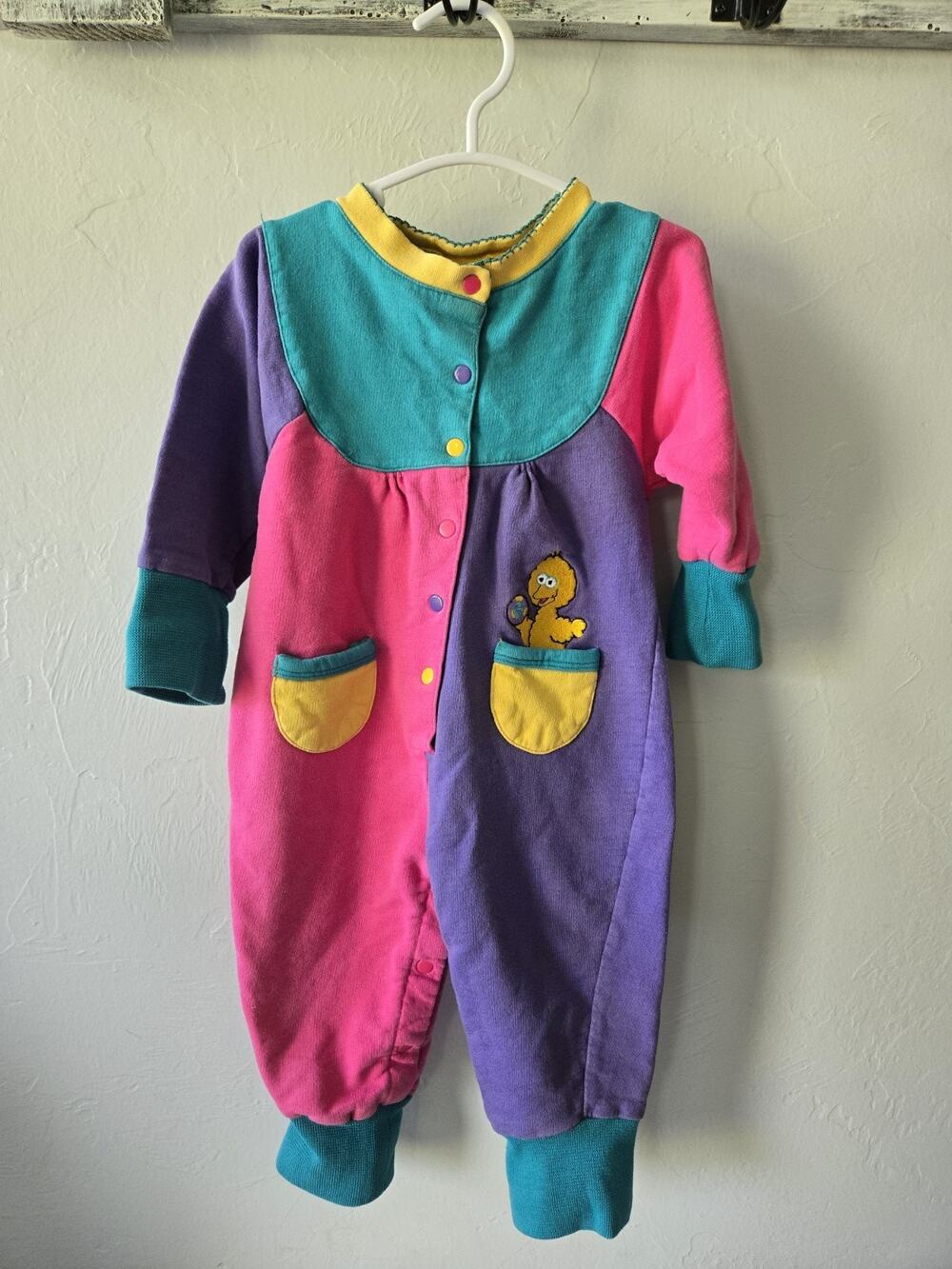 Vintage 90s Sesame Street Babies Big Bird Colorblock Snap Romper Baby 18M Rare